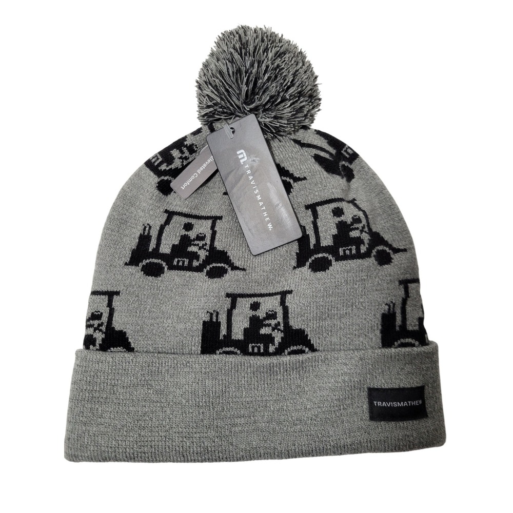 Travis Mathew Mapes Beanie Hat Men OS Heather Grey Golf Cart Pom Knit Soft NEW